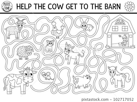 Black and white farm maze for kids with animals and cottage shed. Country side line preschool printable activity with cute goat, pig, horse, sheep. Labyrinth coloring page. Help the cow get to barn Black and white farm maze for kids with animals and cottage shed. Country side line preschool printable activity with cute goat, pig, horse, sheep. Labyrinth coloring page. Help the cow get to barn 102717052