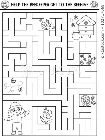 Black and white farm maze for kids with beekeeper and beehive. Country side line preschool printable activity with cute bees, flowers, honey jar. Geometric labyrinth coloring game or puzzle Black and white farm maze for kids with beekeeper and beehive. Country side line preschool printable activity with cute bees, flowers, honey jar. Geometric labyrinth coloring game or puzzle 102717069