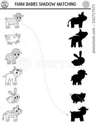 Black and white farm shadow matching activity with baby animals. Country village line puzzle with cute calf, piglet, lamb. Find correct silhouette printable coloring game. On the farm page for kids 102717075