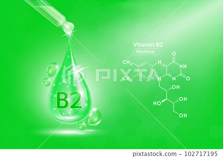 Vitamin B2 serum liquid gel in dropper and structure. Cream collagen complex with chemical formula from nature skin care vitamins. On green background 3D realistic vector. Medical scientific concept. 102717195