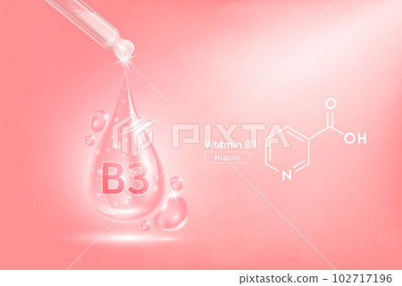 Vitamin B3 serum liquid gel in dropper and structure. Cream collagen complex with chemical formula from nature skin care vitamins. On pink background 3D realistic vector. Medical scientific concept. 102717196