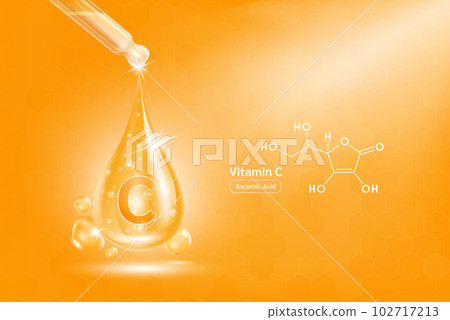 Vitamin C serum liquid gel in dropper and structure. Cream collagen complex with chemical formula from nature skin care vitamins. On orange background 3D realistic vector. Medical scientific concept. 102717213