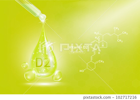 Vitamin D2 serum liquid gel in dropper and structure. Cream collagen complex with chemical formula from nature skin care vitamins. On green background 3D realistic vector. Medical scientific concept. 102717216