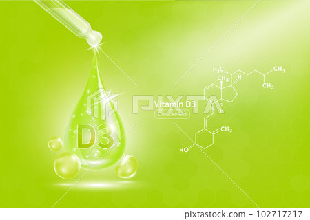 Vitamin D3 serum liquid gel in dropper and structure. Cream collagen complex with chemical formula from nature skin care vitamins. On green background 3D realistic vector. Medical scientific concept. 102717217