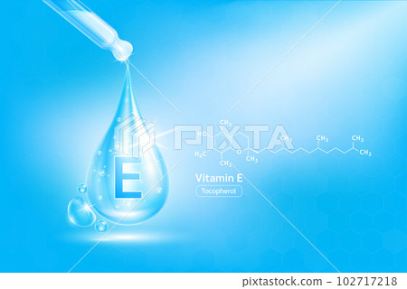 Vitamin E serum liquid gel in dropper and structure. Cream collagen complex with chemical formula from nature skin care vitamins. On blue background 3D realistic vector. Medical scientific concept. 102717218
