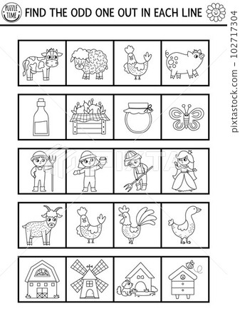 Find the odd one out. On the farm black and white logical activity for children. Farm coloring page for kids for attention skills. Simple line printable game with cute animals, birds, farmers 102717304