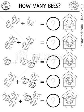 How many bees game with cute insects. On the farm black and white math addition activity. Simple line farm printable counting worksheet or coloring page for kids with beehive 102717305