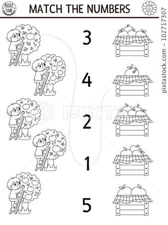 Match the numbers black and white farm game with farmer, apples. Rural country or garden math activity or coloring page. On the farm educational counting worksheet with fruit tree Match the numbers black and white farm game with farmer, apples. Rural country or garden math activity or coloring page. On the farm educational counting worksheet with fruit tree 102717307
