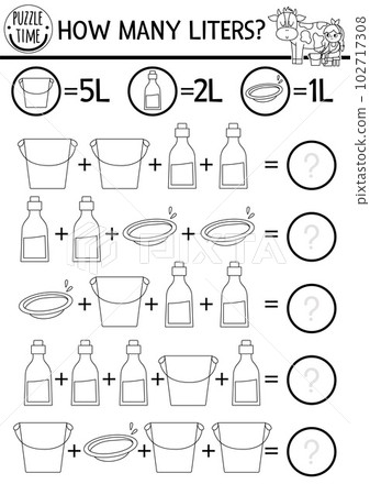 Farm how many liters black and white game with funny cow, milk dairymaid. On the farm line math addition activity or coloring page. Printable simple country counting worksheet for kids Farm how many liters black and white game with funny cow, milk dairymaid. On the farm line math addition activity or coloring page. Printable simple country counting worksheet for kids 102717308