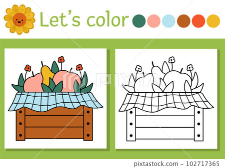 On the farm coloring page for children with wooden box with garden fruit. Vector rural country outline illustration with harvest. Color book for kids with colored example. Drawing skills printable 102717365