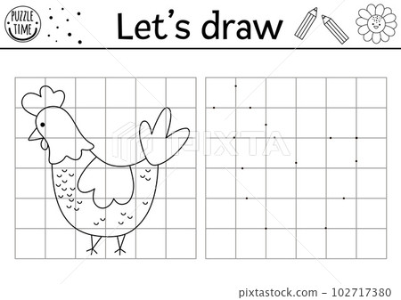 Draw the hen. Complete the picture. Vector on the farm drawing practice worksheet. Printable black and white activity for preschool kids with chicken. Copy the farm bird picture coloring page 102717380
