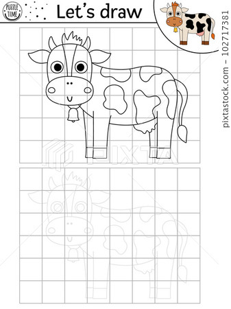 Draw the cow. Complete the picture. Vector on the farm drawing practice worksheet. Printable black and white activity for preschool kid. Copy the farm animal picture game or coloring page 102717381