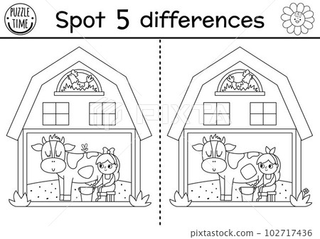 On the farm black and white find differences game for children. Educational line activity with cute barn house with girl milking cow. Rural country puzzle with funny shed. Attention skills coloring On the farm black and white find differences game for children. Educational line activity with cute barn house with girl milking cow. Rural country puzzle with funny shed. Attention skills coloring 102717436