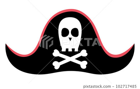 Pirate hat icon. Black cocked accessory with skull and crossed bones. Marine treasure hunt headwear isolated on white background 102717485