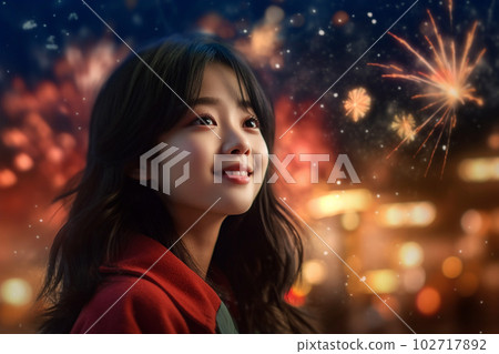 Image of a woman enjoying fireworks: AI-generated image 102717892