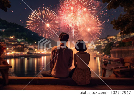 Back view of a couple watching fireworks: AI-generated image 102717947