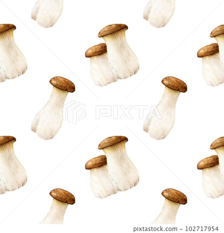 King trumpet mushroom seamless pattern. Watercolor illustration. Hand painted Pleurotus eryngii fungus. Edible fresh king oyster mushroom seamless pattern element. White background King trumpet mushroom seamless pattern. Watercolor illustration. Hand painted Pleurotus eryngii fungus. Edible fresh king oyster mushroom seamless pattern element. White background 102717954