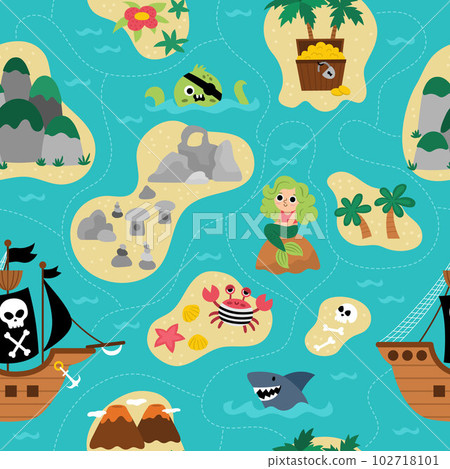 Vector treasure island seamless pattern with pirate ship, mermaid, octopus. Cute repeat background with tropical sea isles, sand, palm trees, volcano, rocks. Treasure island digital paper 102718101