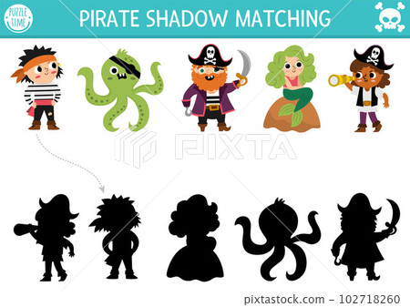 Pirate shadow matching activity. Treasure island hunt puzzle with cute pirates, mermaid, octopus. Find correct silhouette printable worksheet or game. Sea adventures page for kids 102718260