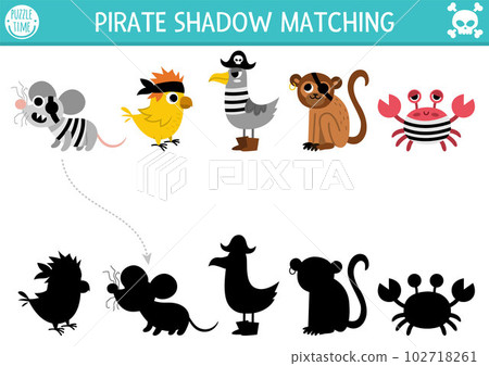 Pirate shadow matching activity with animals. Treasure island hunt puzzle with cute rat, parrot, seagull, monkey, crab. Find correct silhouette printable worksheet or game. Sea adventures page for 102718261