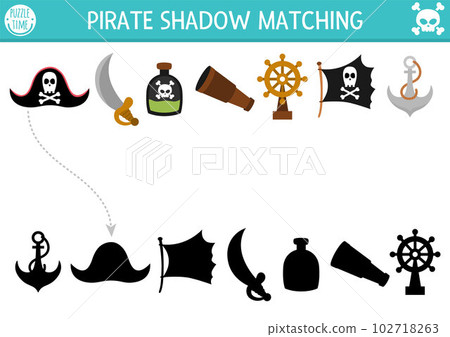 Pirate shadow matching activity. Treasure island hunt puzzle with cute pirate hat, sable, bottle, anchor, flag. Find correct silhouette printable worksheet or game. Sea adventures page for kids 102718263