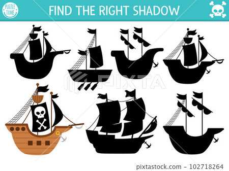 Pirate shadow matching activity. Treasure island hunt puzzle with pirate ships. Find correct silhouette printable worksheet or game. Sea adventures page for kids with boat and black sails 102718264