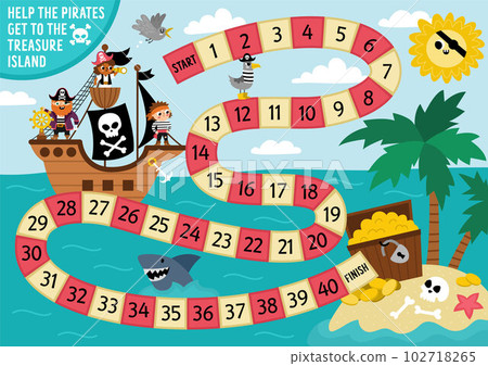 Pirate dice board game for children with cute pirate ship hunting treasure. Treasure island hunt boardgame with pirates, chest.  Sea adventures printable activity or worksheet 102718265