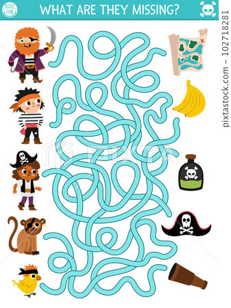 Pirate maze for kids. Treasure hunt preschool printable activity with cute pirates, animals and their things. Sea adventures labyrinth game or puzzle. What is missing worksheet 102718281