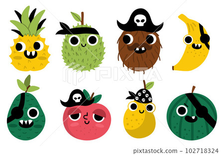 Vector funny kawaii fruit icons set. Pirate fruits illustration. Comic plants with eyes, pirate hat, eye patch, and mouth. Healthy summer food collection with banana, apple, pineapple 102718324