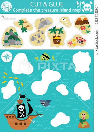 Vector pirate cut and glue activity. Crafting game with cute island map and sea landscape. Fun treasure hunt printable worksheet for children. Find the right piece of the puzzle. Complete the picture Vector pirate cut and glue activity. Crafting game with cute island map and sea landscape. Fun treasure hunt printable worksheet for children. Find the right piece of the puzzle. Complete the picture 102718804