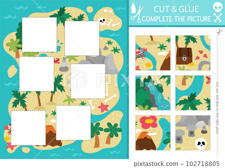 Vector pirate cut and glue activity. Crafting game with cute treasure island map. Fun sea adventures printable worksheet for children. Find the right piece of the puzzle. Complete the picture Vector pirate cut and glue activity. Crafting game with cute treasure island map. Fun sea adventures printable worksheet for children. Find the right piece of the puzzle. Complete the picture 102718805