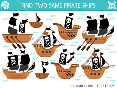 Find two same pirate ships. Treasure island matching activity for children. Sea adventures educational quiz worksheet for kids for attention skills. Simple printable game with cute boats Find two same pirate ships. Treasure island matching activity for children. Sea adventures educational quiz worksheet for kids for attention skills. Simple printable game with cute boats 102718806