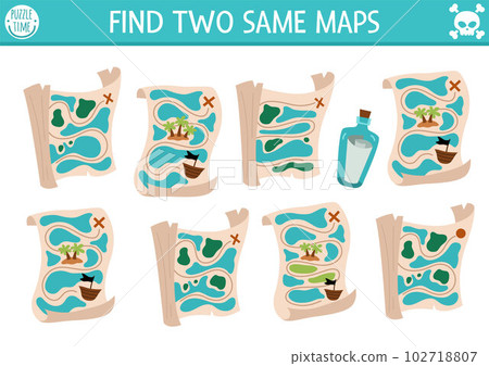 Find two same maps. Treasure island matching activity for children. Sea adventures educational quiz worksheet for kids for attention skills. Simple printable game with cute plans Find two same maps. Treasure island matching activity for children. Sea adventures educational quiz worksheet for kids for attention skills. Simple printable game with cute plans 102718807