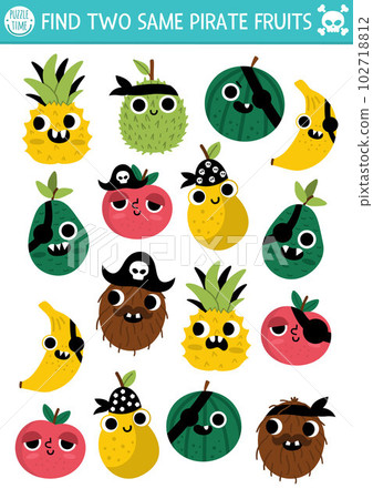 Find two same pirate fruits. Treasure island matching activity for children. Sea adventures educational quiz worksheet for kids for attention skills. Simple printable game with cute banana, apple Find two same pirate fruits. Treasure island matching activity for children. Sea adventures educational quiz worksheet for kids for attention skills. Simple printable game with cute banana, apple 102718812