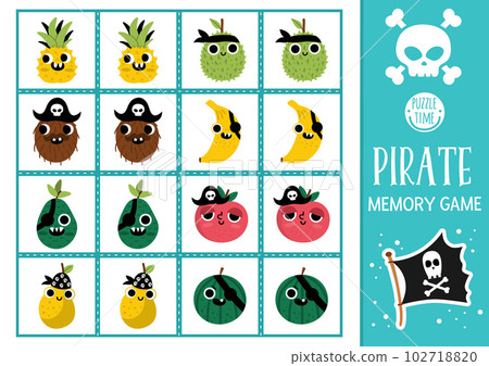 Vector pirate memory game cards with cute kawaii fruit. Sea adventure matching activity. Treasure island remember and find correct card. Simple printable worksheet for kids Vector pirate memory game cards with cute kawaii fruit. Sea adventure matching activity. Treasure island remember and find correct card. Simple printable worksheet for kids 102718820