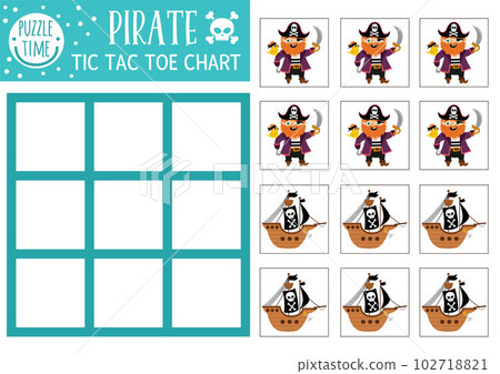 Vector treasure island tic tac toe chart with pirate and ship. Sea adventures board game playing field with cute characters. Funny marine printable worksheet. Noughts and crosses grid Vector treasure island tic tac toe chart with pirate and ship. Sea adventures board game playing field with cute characters. Funny marine printable worksheet. Noughts and crosses grid 102718821