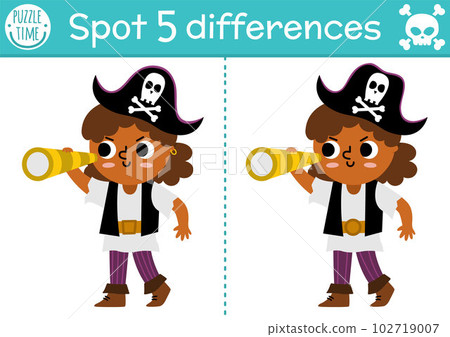 Find differences game for children. Sea adventures educational activity with cute pirate girl with telescope. Puzzle for kids with funny character. Marine printable worksheet or page 102719007