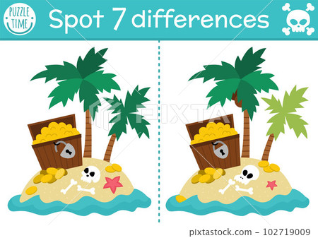 Find differences game for children. Sea adventures educational activity with cute treasure island and chest. Tropical puzzle for kids with funny scene. Marine printable worksheet or page 102719009