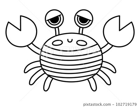 Vector black and white pirate crab icon. Cute outline sea animal illustration. Line treasure island hunter in stripy shirt. Funny pirate party element or coloring page for kids. Crayfish picture Vector black and white pirate crab icon. Cute outline sea animal illustration. Line treasure island hunter in stripy shirt. Funny pirate party element or coloring page for kids. Crayfish picture 102719179