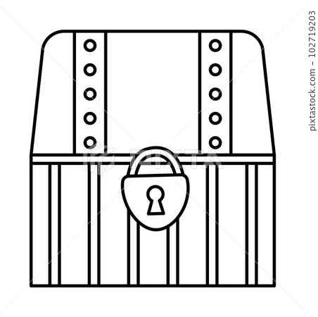 Black and white treasure chest icon. Pirate wooden coffer with jewelry and lock. Treasure island line element or coloring page isolated on white background. Old closed wood box picture 102719203