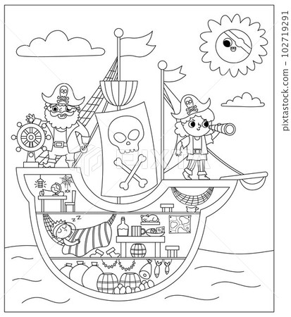 Vector black and white pirate ship scene. Raider vessel interior with pirates, cargo hold, cabin, captain. Line treasure hunt illustration with boat inside, sleeping sailor. Sea landscape, coloring Vector black and white pirate ship scene. Raider vessel interior with pirates, cargo hold, cabin, captain. Line treasure hunt illustration with boat inside, sleeping sailor. Sea landscape, coloring 102719291