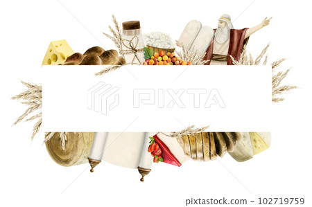 Happy Shavuot horizontal rectangular frame for greeting template with copy space, Moses, holiday symbols and food 102719759