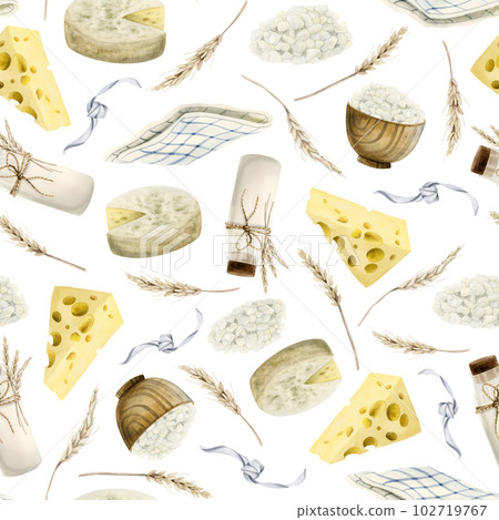 Watercolor dairy products seamless pattern with cheeses, camembert, milk, tea towel, cottage cheese and wheat on white Watercolor dairy products seamless pattern with cheeses, camembert, milk, tea towel, cottage cheese and wheat on white 102719767