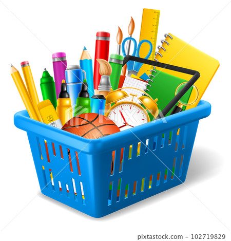 Back To School Sale Shopping Basket Full Of Supplies 102719829