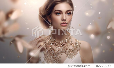 佩戴華麗珠寶、珠寶和配飾的白人模特女性（生成式 AI） 102720252