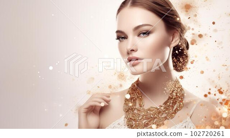 佩戴華麗珠寶、珠寶和配飾的白人模特女性（生成式 AI） 102720261