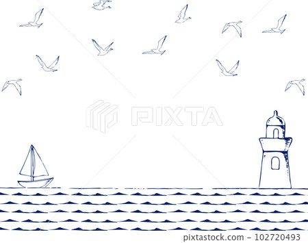 A frame of a lighthouse, the sea, and a seagull drawn with a pen 102720493