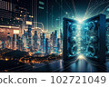 Big data connection technology. Cityscape telecommunication and communication network concept. Generative AI 102721049