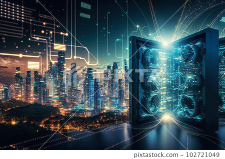 Big data connection technology. Cityscape telecommunication and communication network concept. Generative AI Big data connection technology. Cityscape telecommunication and communication network concept. Generative AI 102721049