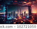 Big data connection technology. Cityscape telecommunication and communication network concept. Generative AI 102721050